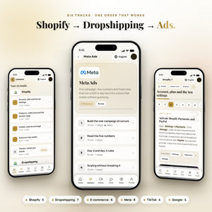 Six tracks and 34 lessons: Shopify, Dropshipping, E-commerce, Meta Ads, TikTok Ads, Google Ads