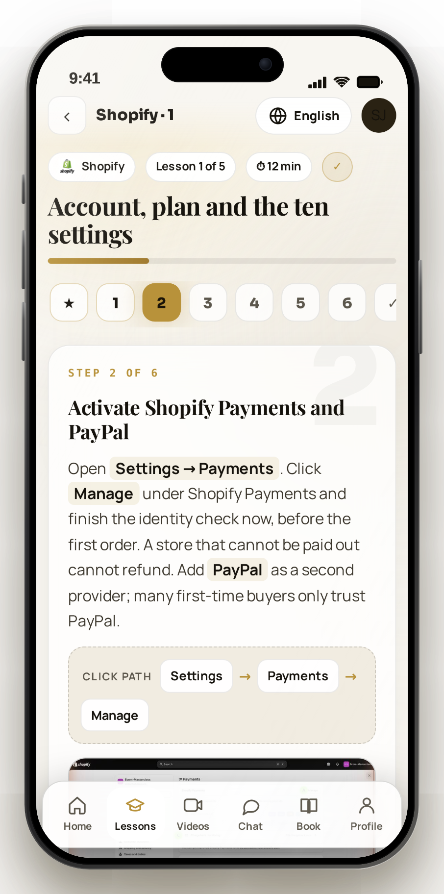 The academy on a phone: Shopify lesson step with the click path and a real screenshot