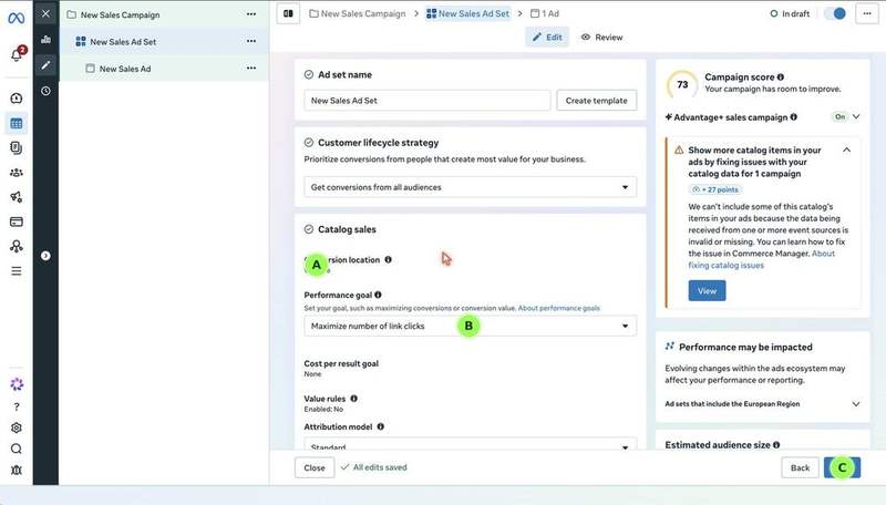 Meta Ads Manager: ad set settings