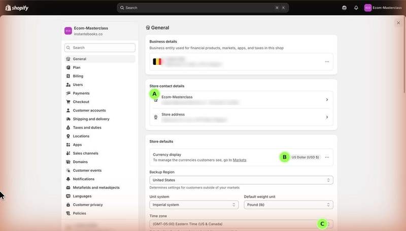 Shopify Settings General