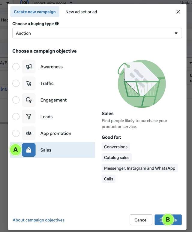 Meta Ads Manager: campaign objective Sales