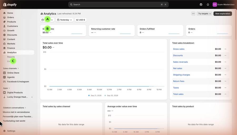 Lesson screen: shopify analytics